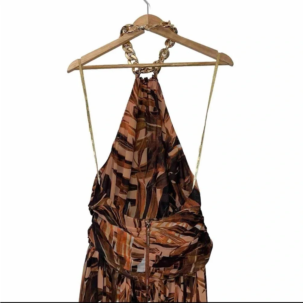 Bronx & Banco Kenya Silk Halter Maxi Dress Brown Animal Print Medium NWT - Picture 9 of 15